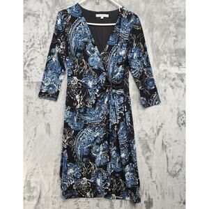 Cleo Petites Dress Womens S Blue Black Floral Faux Wrap Stretch Jersey Preppy